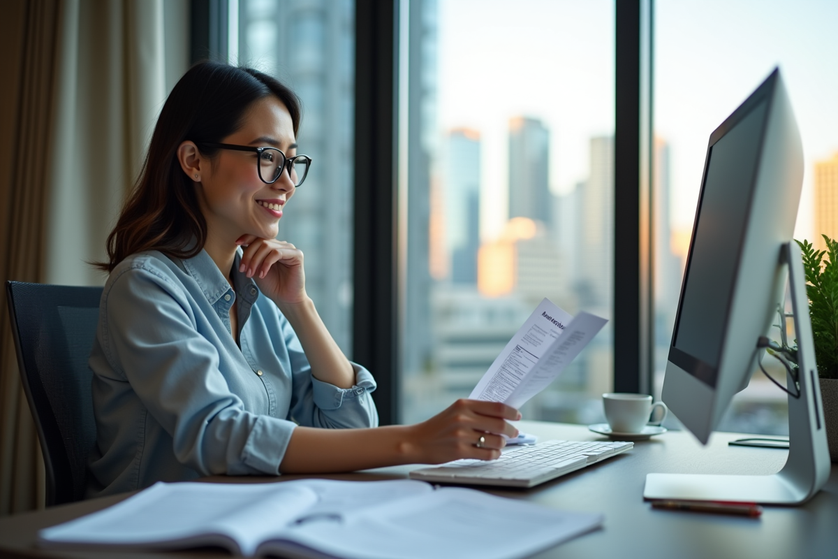 Jeune femme organisant des papiers dans un bureau moderne