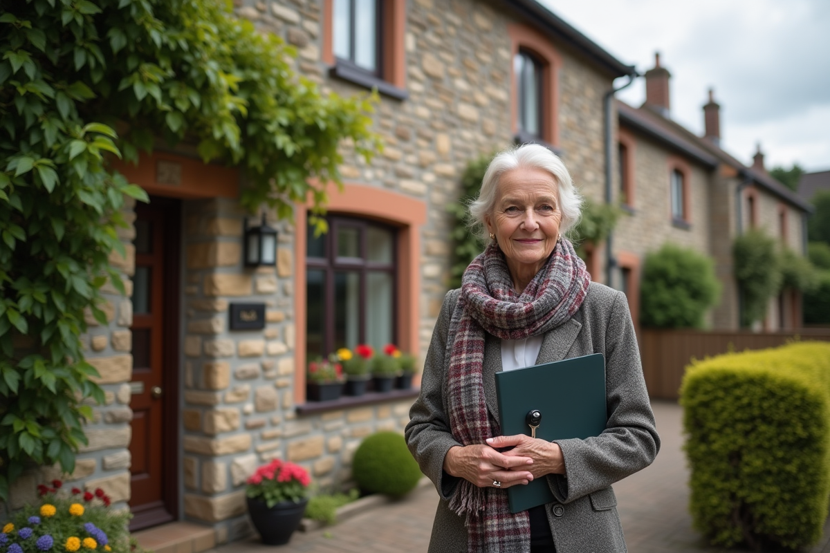 Femme avec clés devant une maison en pierre et végétation