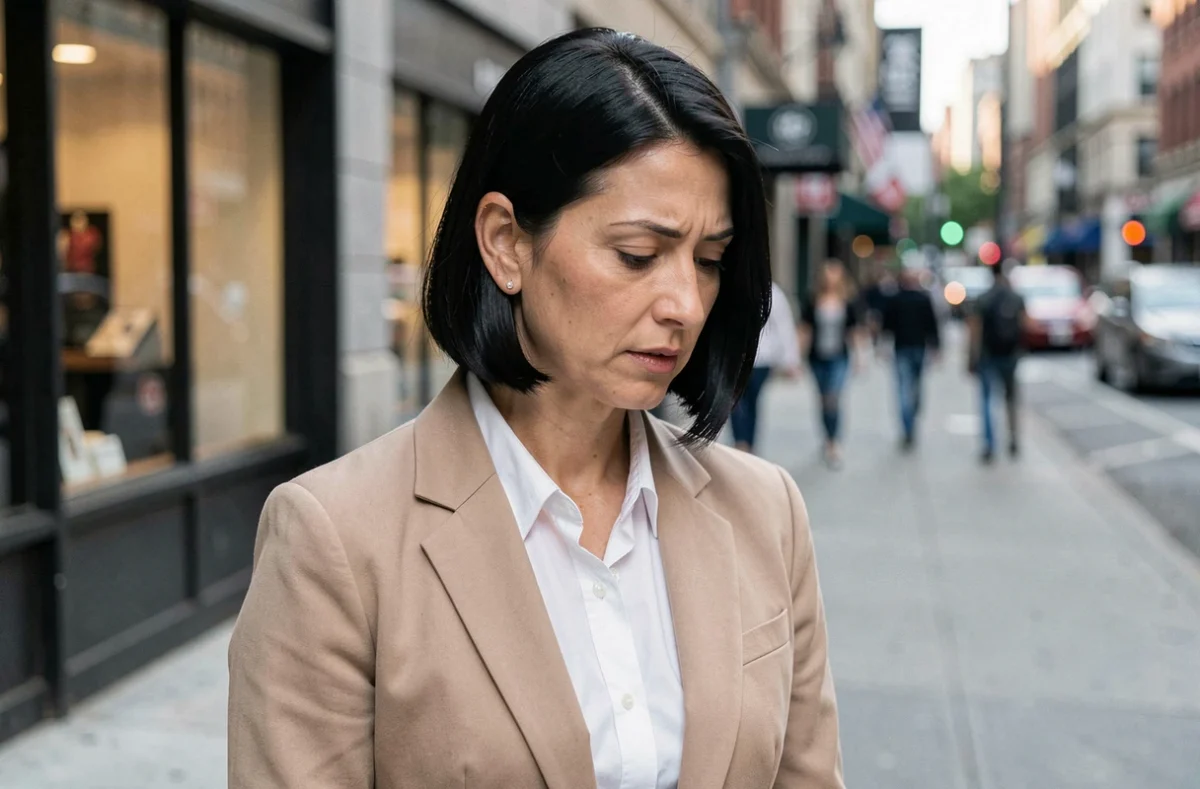 Femme d'affaires les yeux baissés en pleine rue en ville, attitude réservée et pensive en conversation
