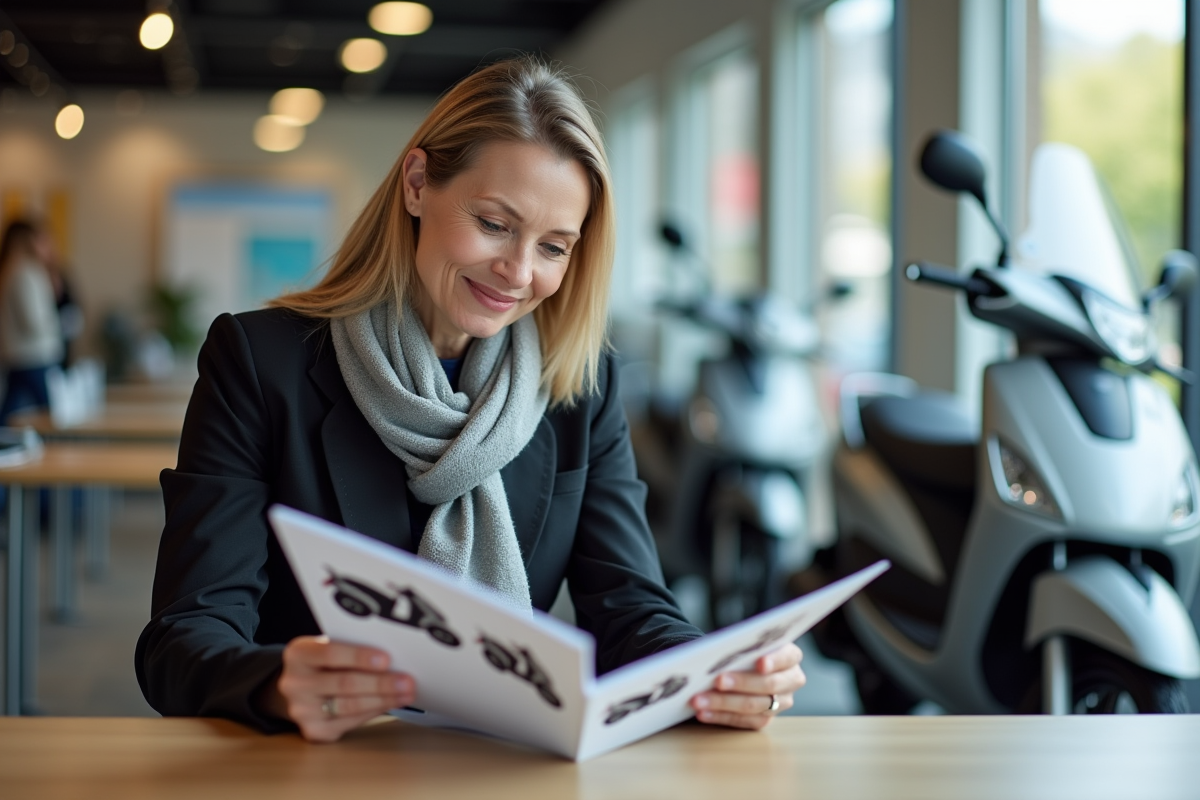 Femme d affaires examine une brochure de scooters 50cc dans un showroom