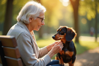 Femme senior caressant un chien dachshund au parc