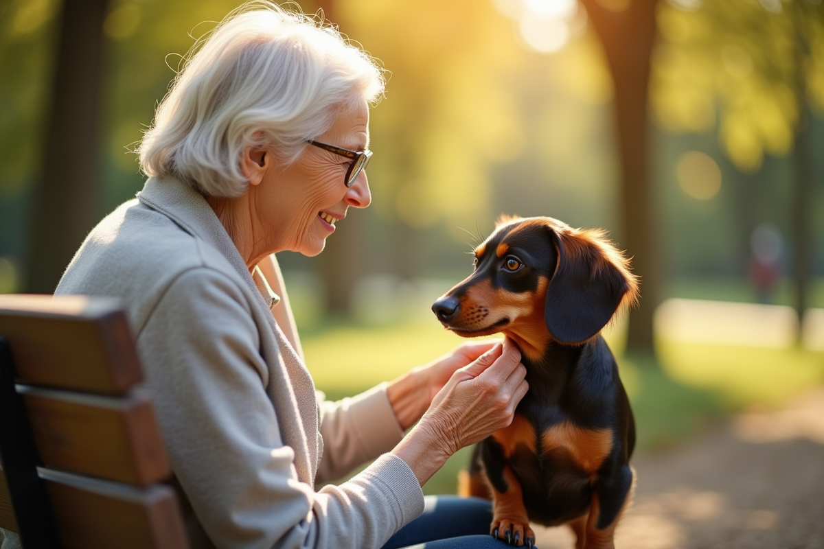 Femme senior caressant un chien dachshund au parc