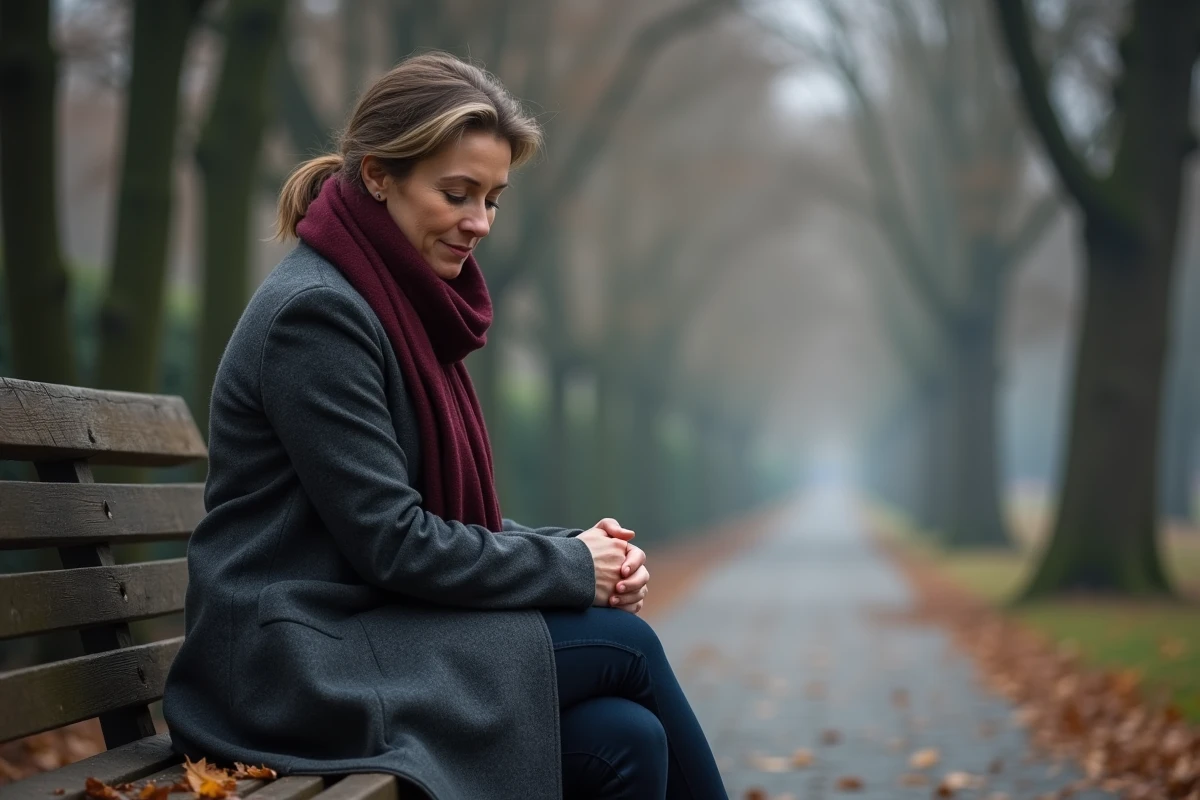 Femme seule sur un banc en automne, expression mélancolique évoquant la trahison et la solitude