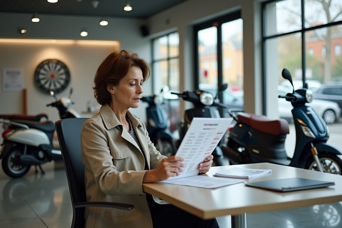Femme regardant des prix de scooters 50cc en showroom