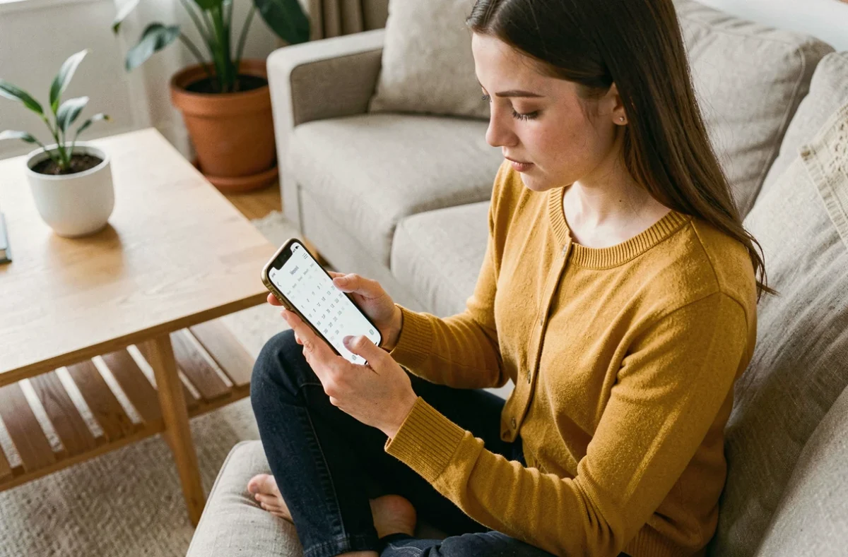 Jeune femme consultant une application calendrier sur smartphone affichant les numéros de semaines paires en 2026