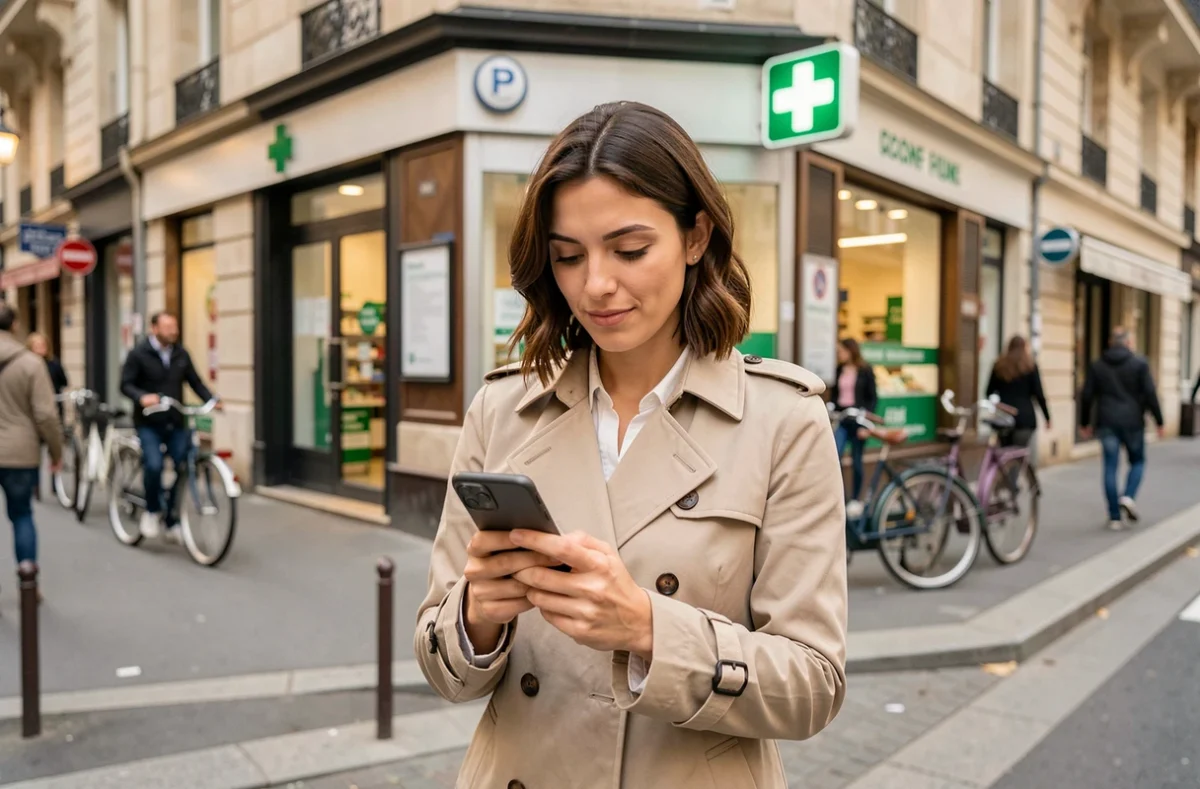 Femme consultant son smartphone devant une pharmacie ouverte en ville pour trouver un commerce de proximité rapidement