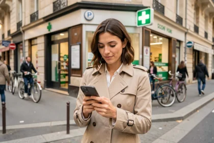 Femme consultant son smartphone devant une pharmacie ouverte en ville pour trouver un commerce de proximité rapidement
