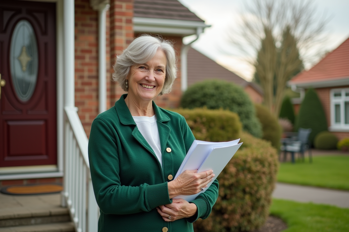 Femme souriante tenant ses factures de taxes foncières devant sa maison