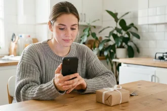 Jeune femme vérifiant le suivi de son colis Vinted Go sur son smartphone à la maison