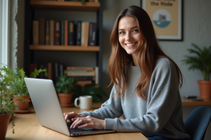 Jeune femme travaillant sur un ordinateur dans un bureau cosy