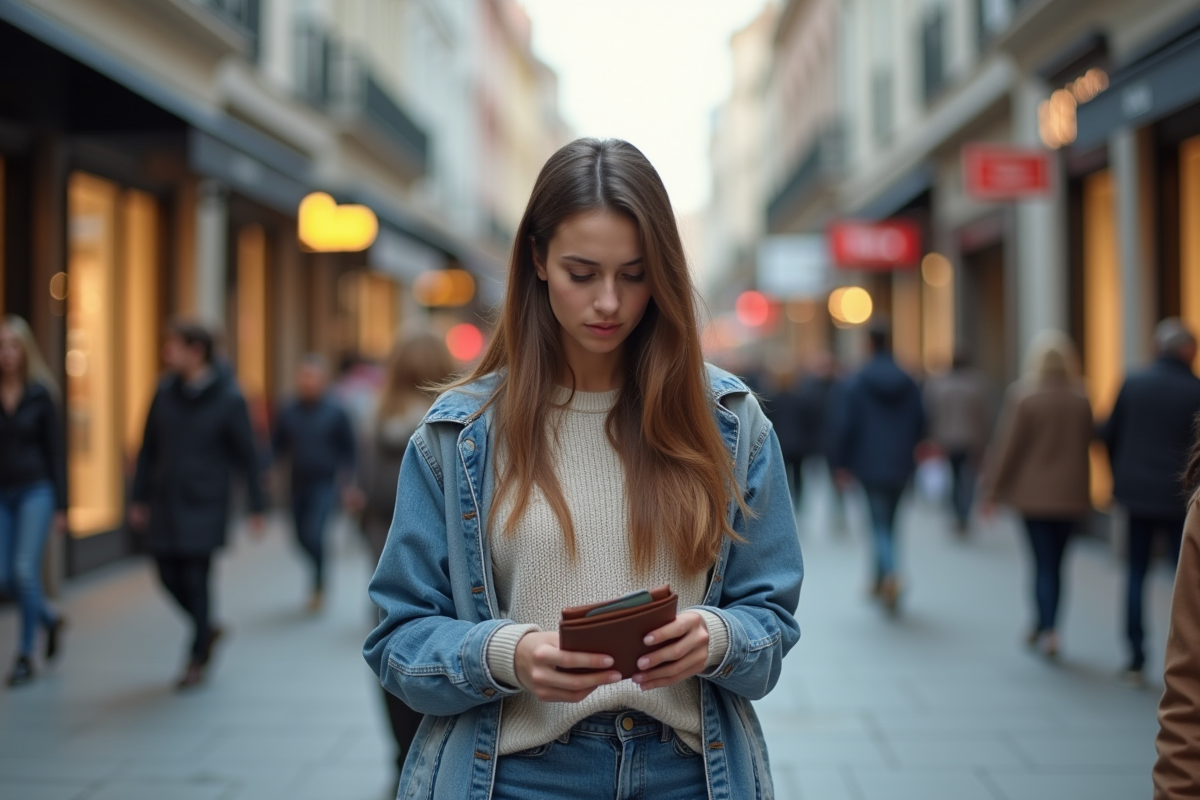 Jeune femme dans une rue commerçante regardant son portefeuille