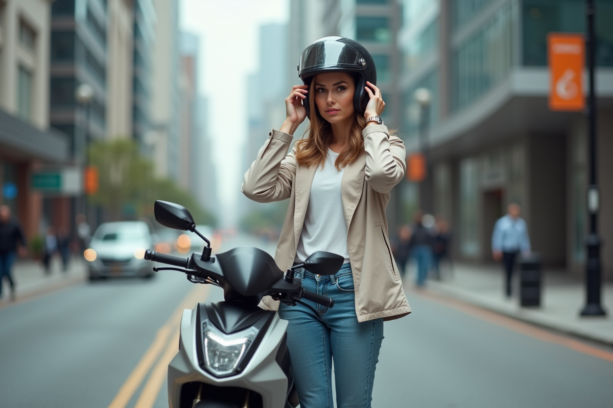 Femme vérifiant son casque à côté d
