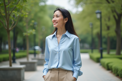 Femme élégante dans un parc urbain en blouse bleue