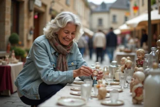 Femme souriante inspectant une figurine en porcelaine lors d'un marché