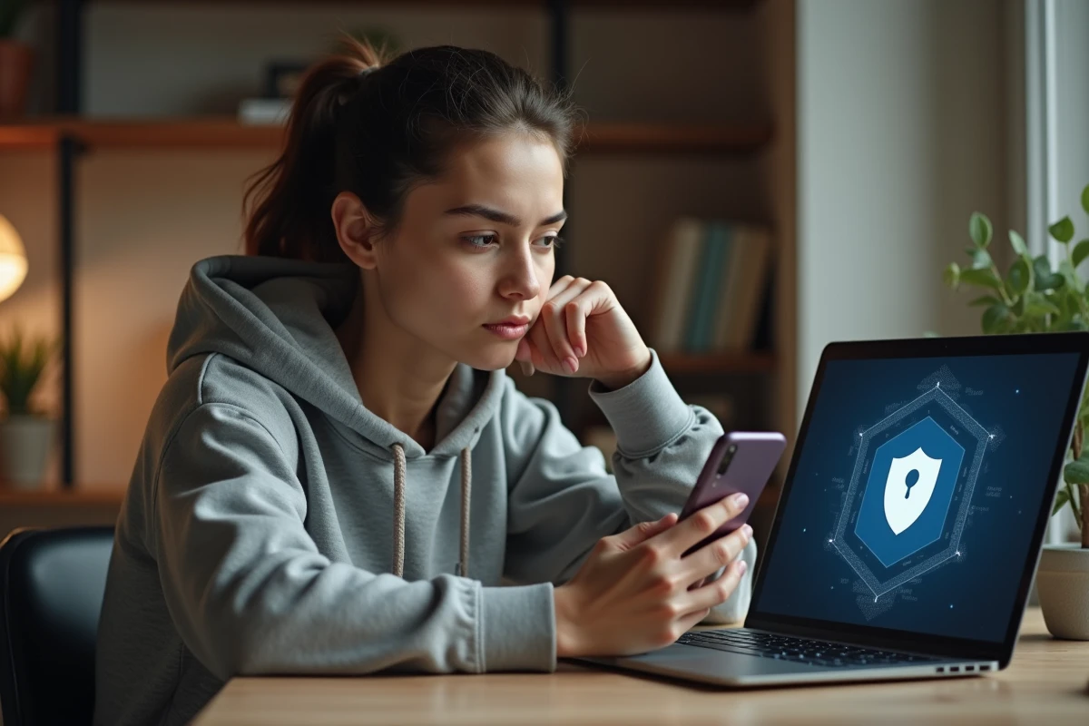 Jeune femme consultant son smartphone et une application VPN sur ordinateur portable pour naviguer anonymement sur Snapchat