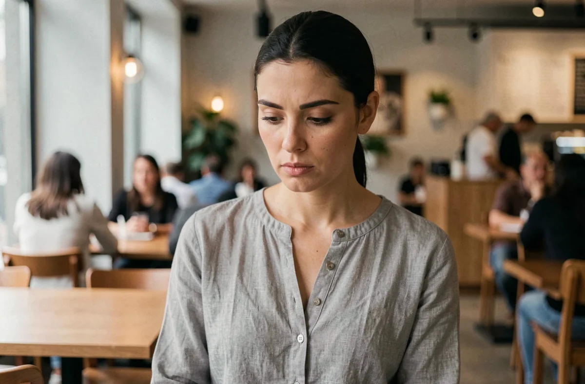Femme aux yeux baissés lors d'une conversation dans un café, expression pensive et introvertie