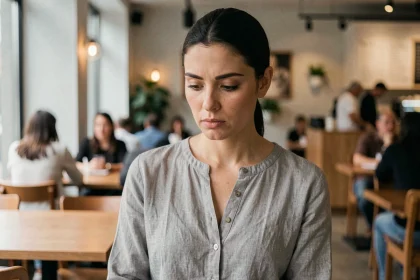 Femme aux yeux baissés lors d'une conversation dans un café, expression pensive et introvertie