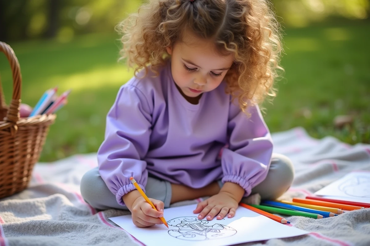 Jeune fille coloriant un champignon en plein air sur une couverture
