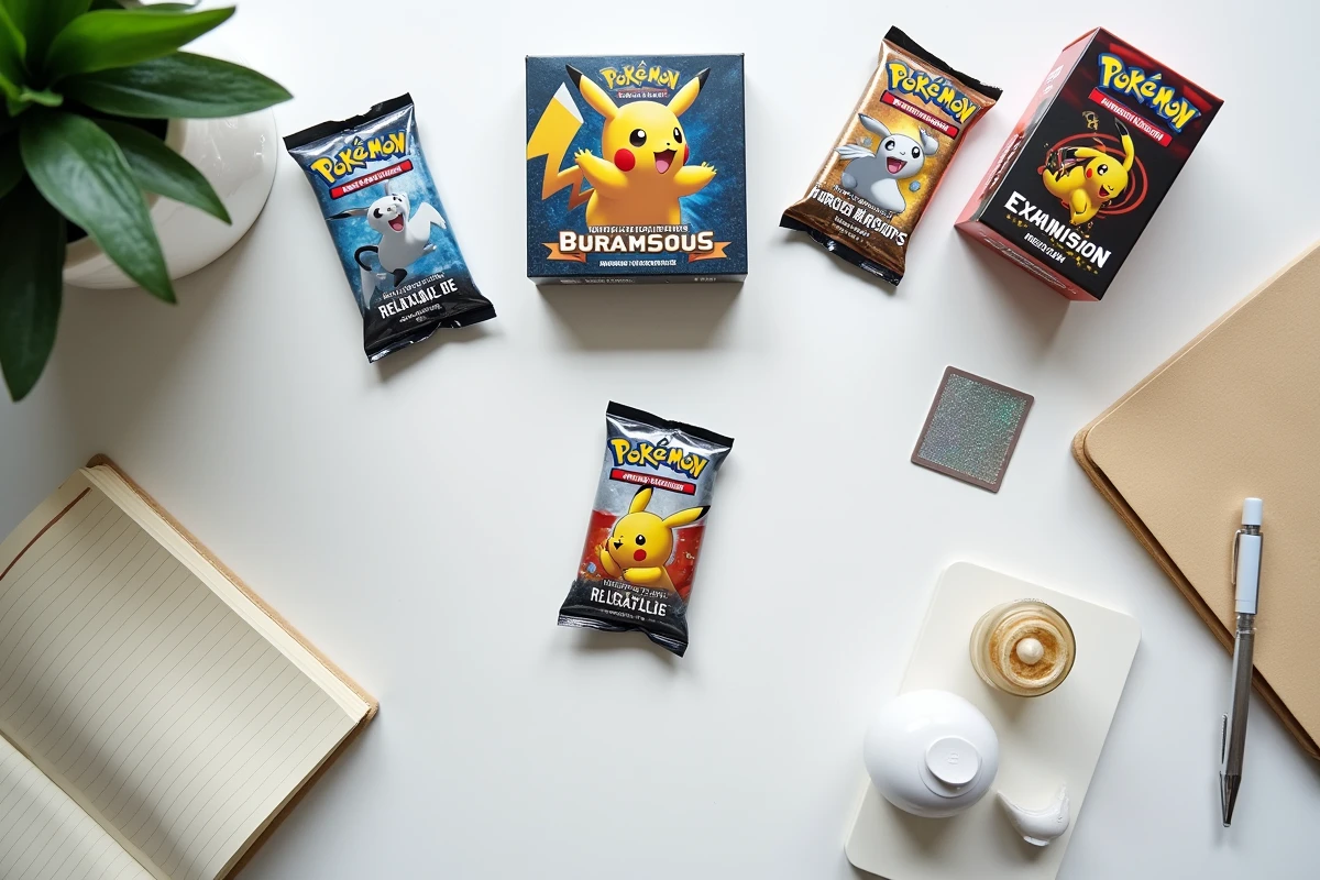 Vue de dessus de boosters et boîtes de sets Pokémon 2025 2026 arrangés avec un planning de sortie manuscrit sur fond blanc