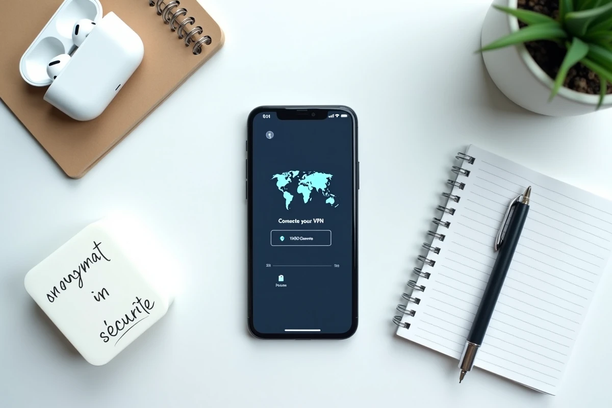 Vue en plongée d'un smartphone avec application VPN, notes manuscrites sur l'anonymat et accessoires tech sur bureau blanc