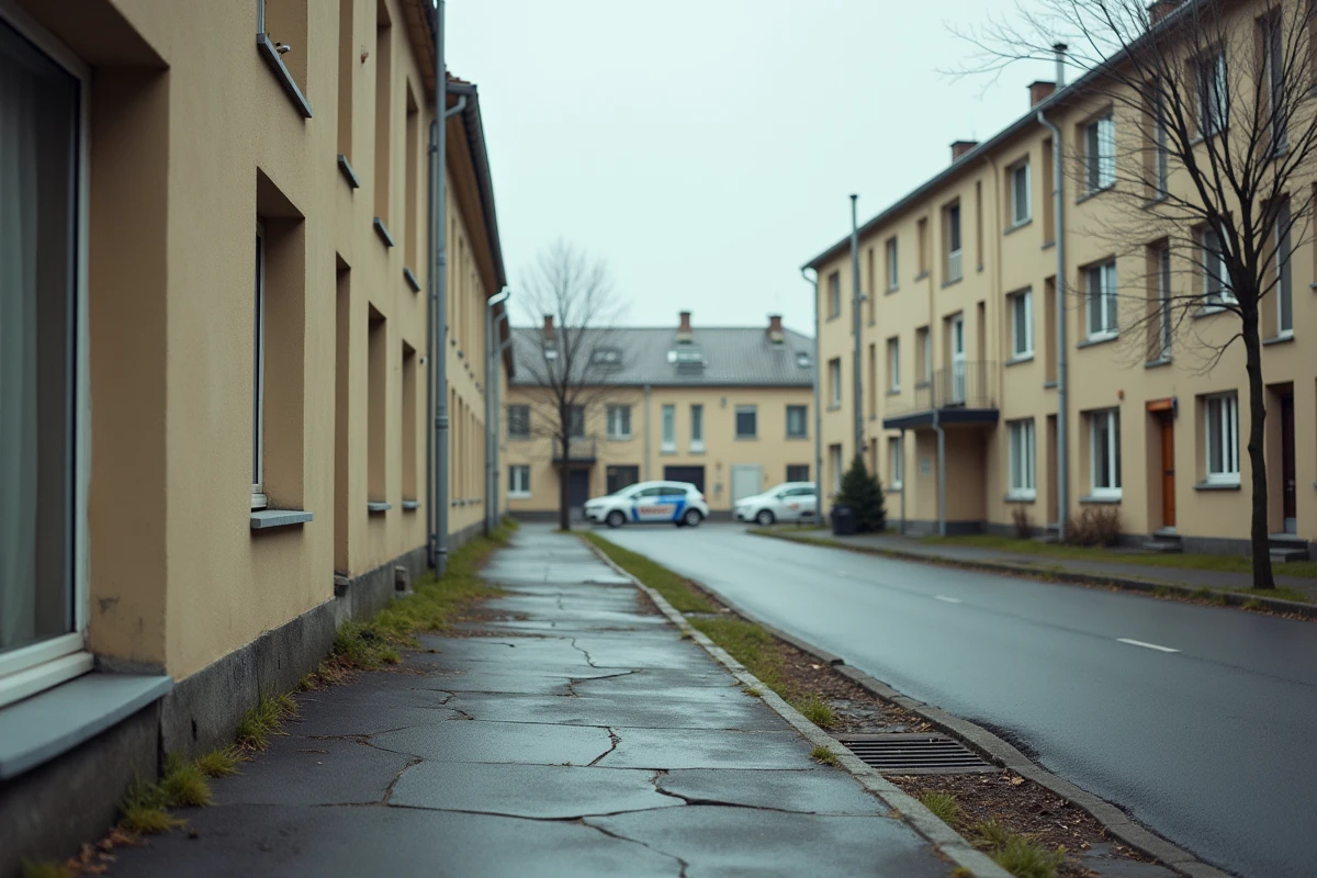 Rue périphérique près de Fleury-Mérogis avec logements sociaux beige, voiture de police en arrière-plan et résident derrière ses rideaux