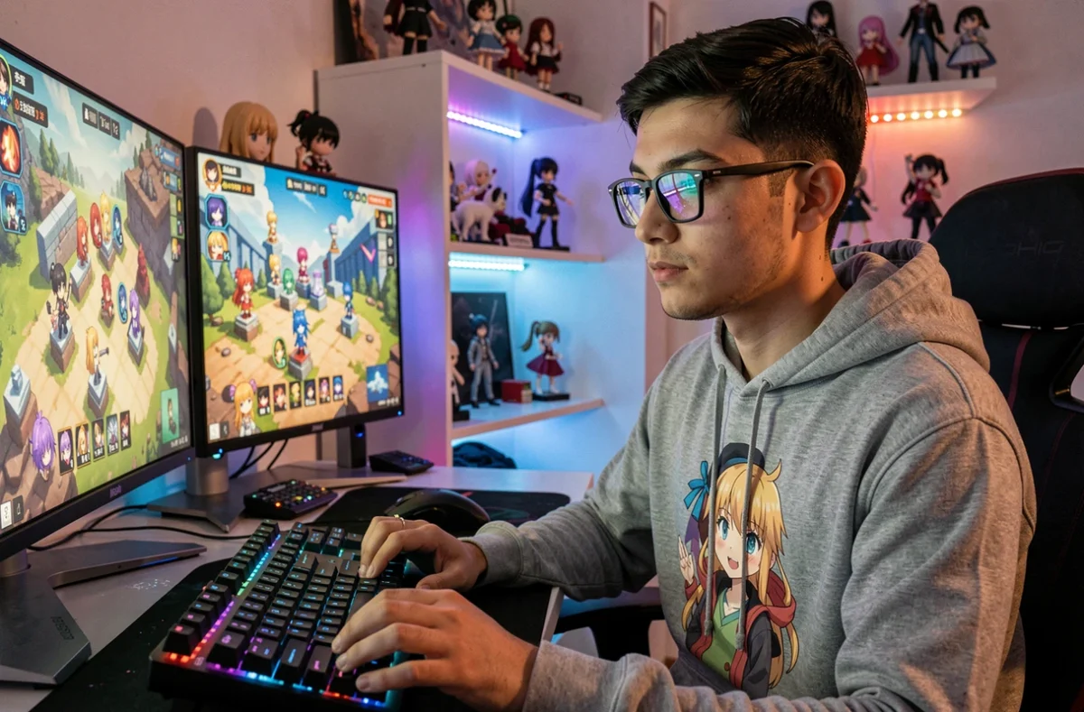 Jeune gamer concentré devant son PC affichant un jeu de défense anime avec des codes de récompense à l'écran