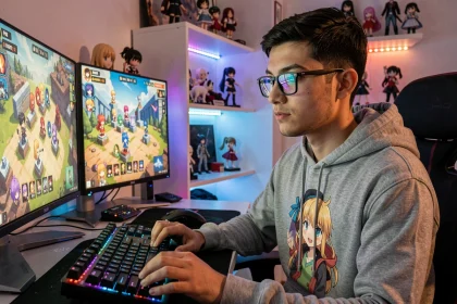 Jeune gamer concentré devant son PC affichant un jeu de défense anime avec des codes de récompense à l'écran