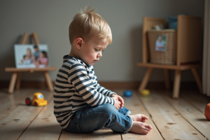 Garçon de 5 ans assis seul sur un sol en bois