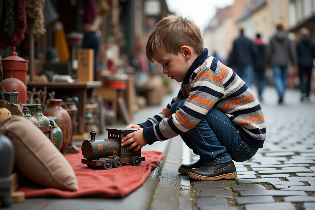 Jeune garçon examinant un train en bois lors d