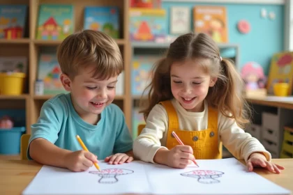 Enfants coloriant un dessin de champignon dans une classe colorée