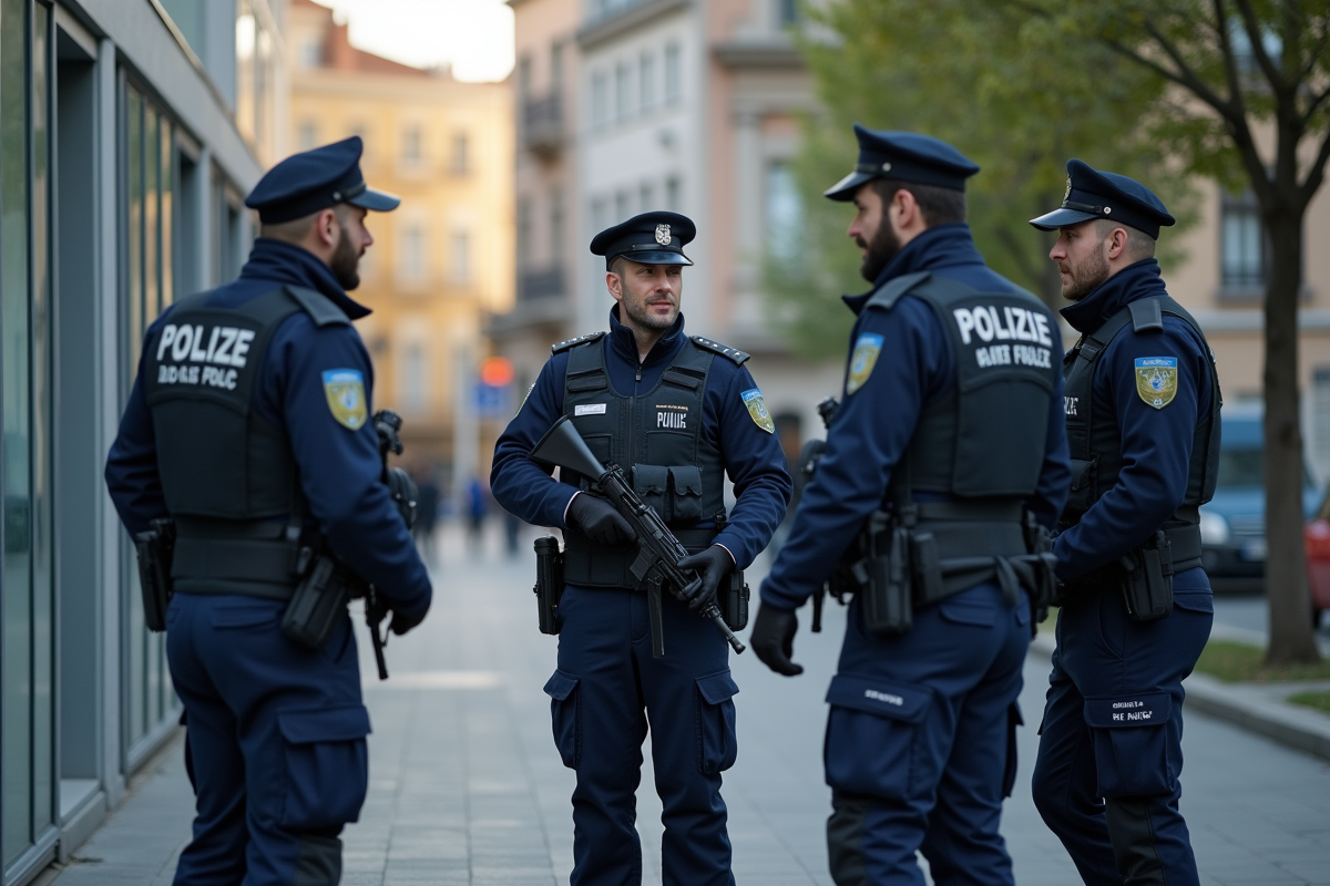 Gardiens de la paix discutant devant un poste de police moderne
