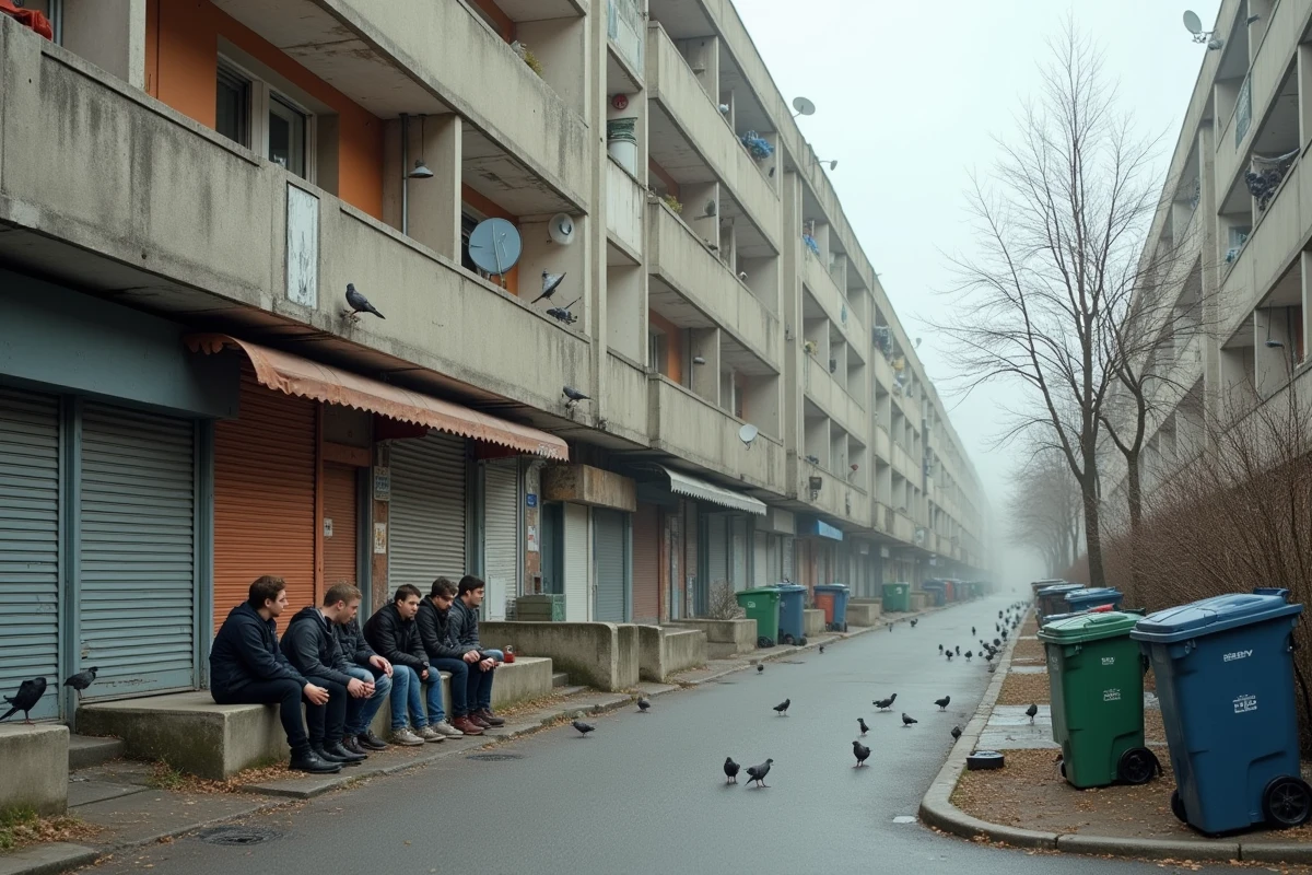 Rue de Garges-lès-Gonesse avec rangées d'immeubles HLM, jeunes sur un muret et poubelles débordantes