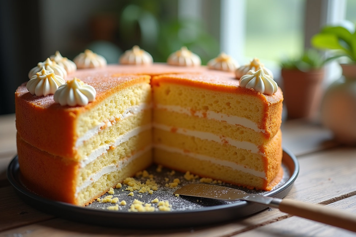 Gâteau dacquoise tranché avec couches visibles sur table en bois