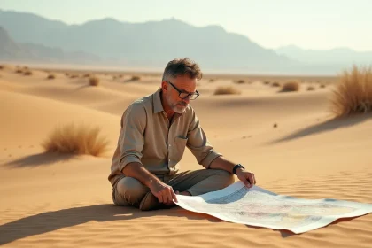 Homme géographe étudiant une carte dans le désert aride