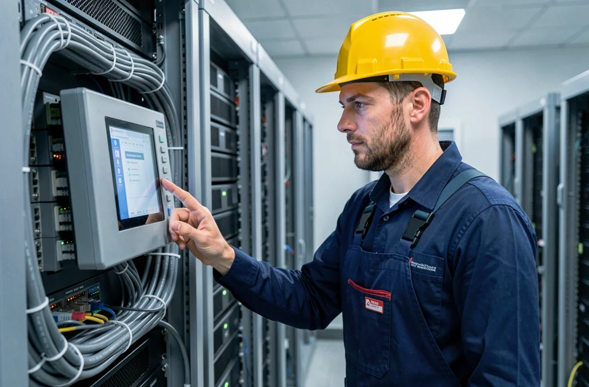 Technicien de Gordazurelec programmant un système de gestion technique dans une salle serveur à Grasse
