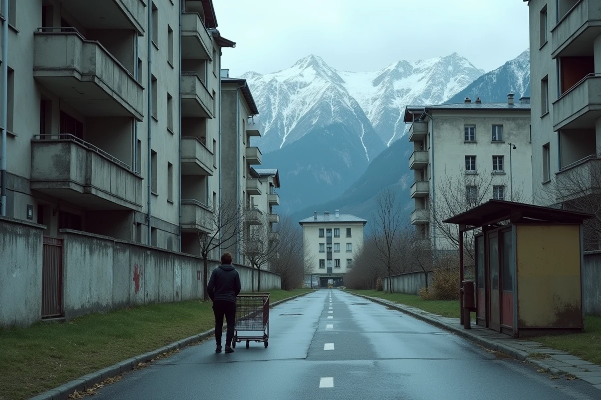 Cité de logements sociaux à Grenoble avec tours brutalistes en béton et silhouettes de montagnes alpines en arrière-plan