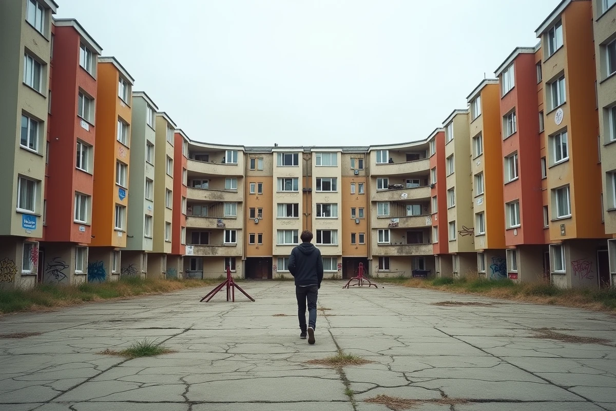 Cité de la Grande Borne à Grigny avec blocs de béton colorés détériorés, aire de jeux cassée et cour vide