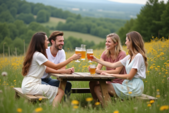 Groupe d'amis riant autour d'un pique-nique en plein air