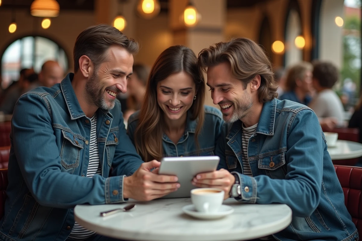 Groupe de personnes discutant d'avis utilisateurs sur une tablette dans un café parisien
