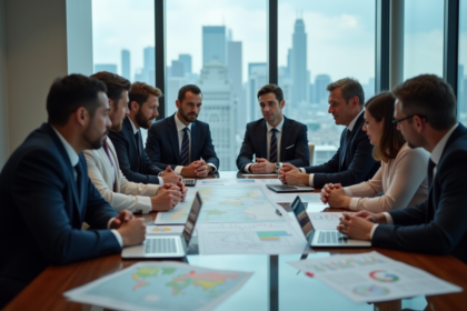 Groupe de professionnels en réunion stratégique dans un bureau moderne