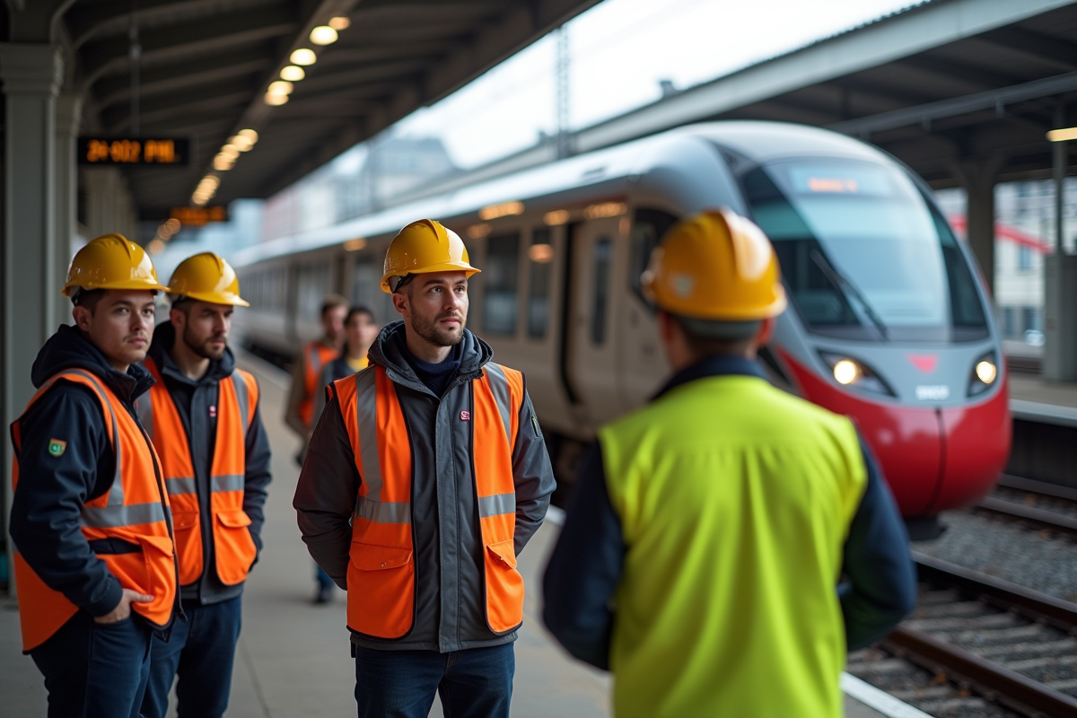 Groupe de stagiaires en gilets de sécurité devant un train SNCF en plein jour
