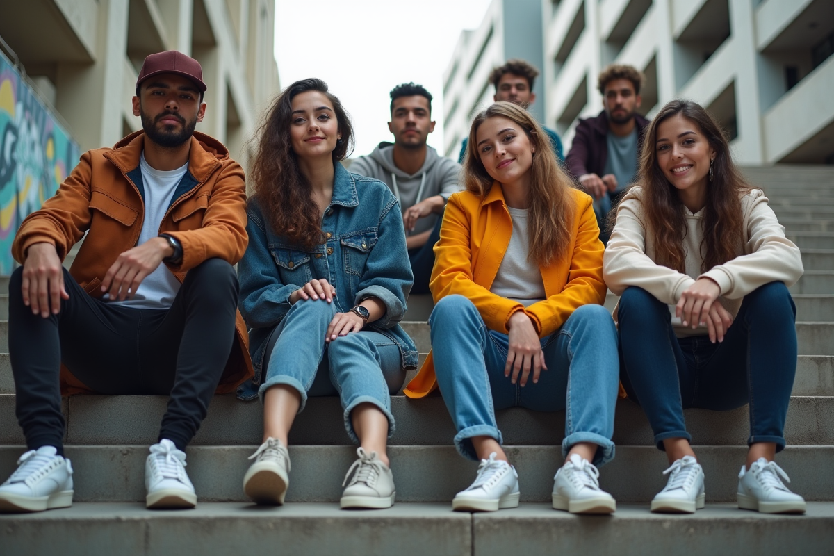 Groupe de jeunes adultes en streetwear dans un décor urbain