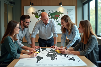 Groupe de professionnels discutant de recyclage plastique et de carte mondiale