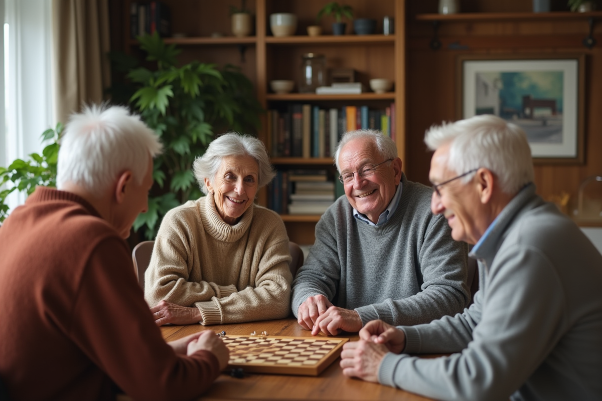 Quatre seniors jouent à un jeu de société dans un salon chaleureux