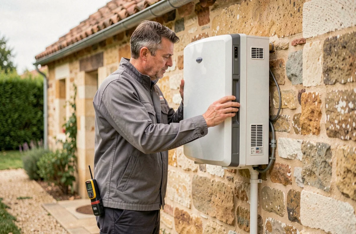 Technicien de Hautefort Confort Ménager installant une pompe à chaleur sur une maison en pierre en Dordogne