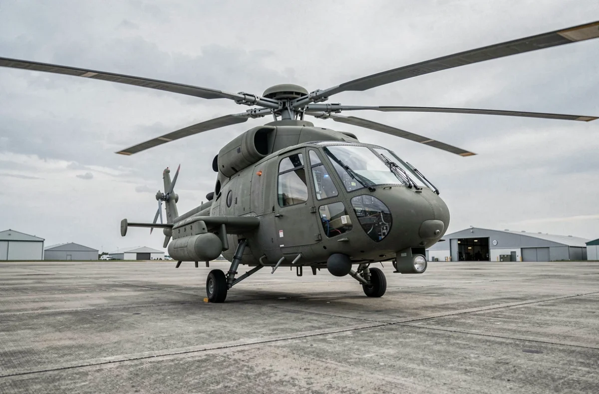 Hélicoptère militaire moderne sur tarmac de base aérienne avec avionique avancée visible dans le cockpit