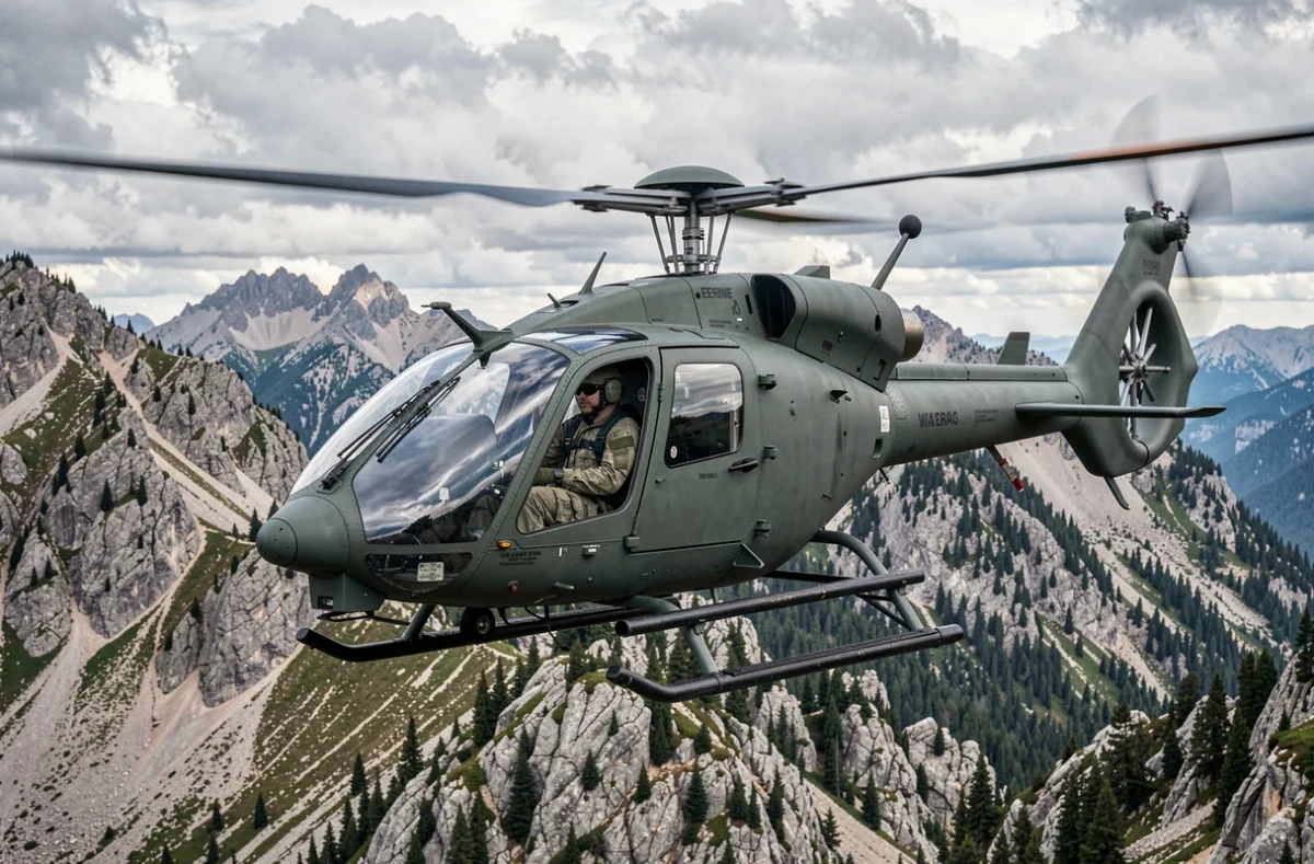 Hélicoptère militaire en vol au-dessus d'un paysage montagneux avec pilote visible dans le cockpit