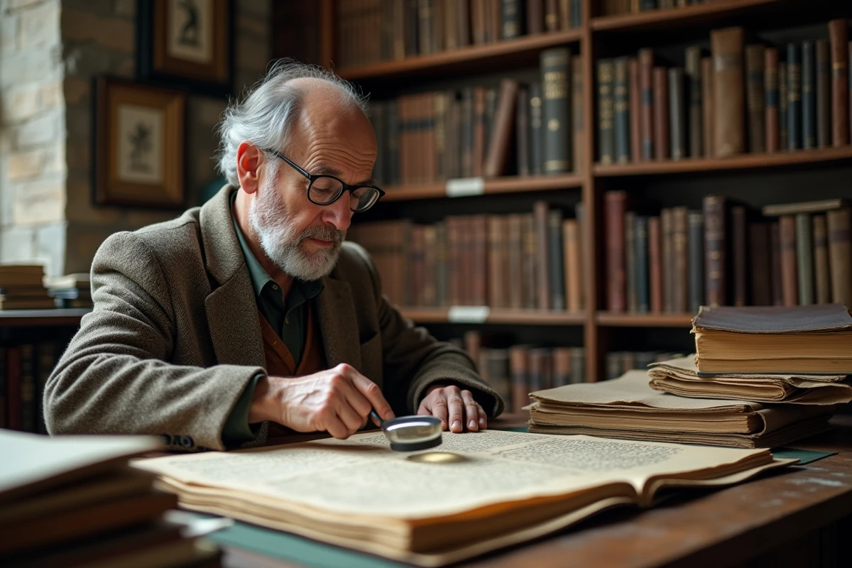 Historien examinant des documents d'archives du XVIIe siècle dans une salle d'archives universitaire entourée de livres anciens