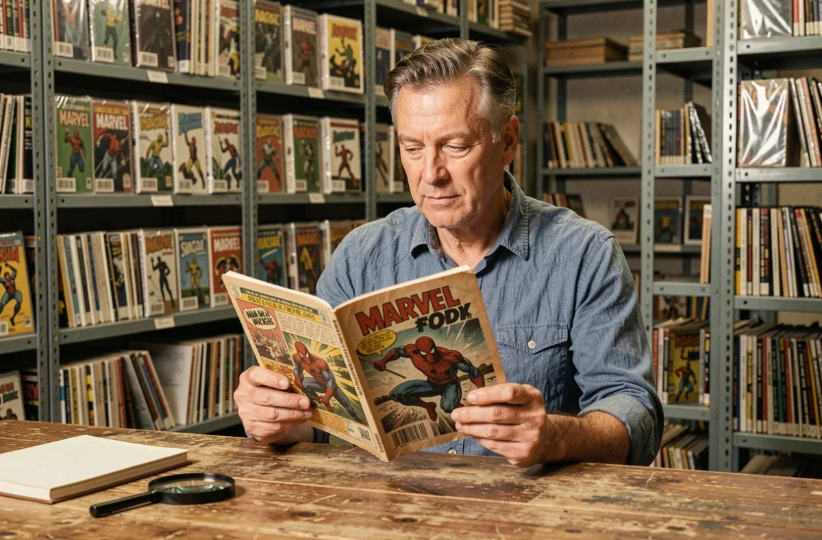 Historien de comics tenant un exemplaire vintage de Marvel mettant en scène le Man Spider dans une salle d'archives spécialisée