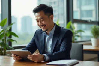 Homme d'affaires asiatique en costume bleu analysant des graphiques